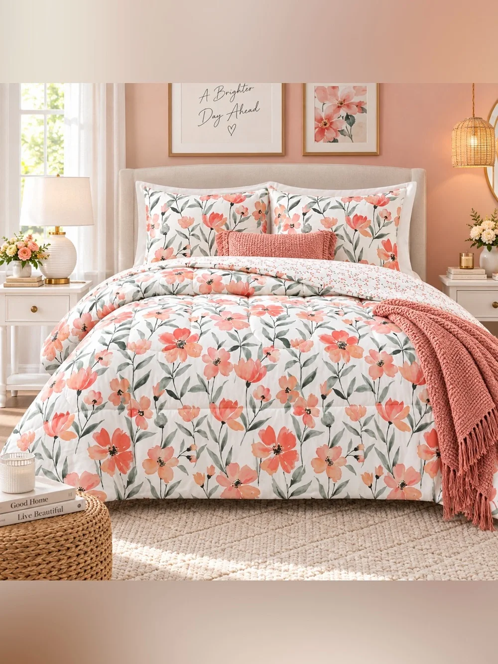 Denise King Floral 3 Piece Comforter Set Coral Peach Green New